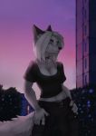  anthro black_body black_fur blue_eyes breasts canid canine claws clothed clothing detailed_background female fluffy fluffy_tail fox fur hair hi_res mammal multicolored_body multicolored_fur smile solo tashalisets two_tone_body two_tone_fur white_body white_fur white_hair 