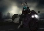  anthro black_body black_fur breasts canid canine clothed clothing detailed_background female fluffy fluffy_tail fox fur hair headphones mammal motorcycle multicolored_body multicolored_fur sitting solo tashalisets two_tone_body two_tone_fur vehicle white_body white_fur white_hair 