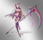  1girl absurdres boots breasts cleavage english_commentary fantasy head_wings highres holding holding_scythe horong huge_weapon long_hair looking_at_viewer medium_breasts midriff_cutout navel original scythe solo thigh_boots thighhighs very_long_hair weapon yellow_eyes 