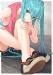  1girl aqua_eyes aqua_hair bangs bare_legs bare_shoulders blurry blurry_background border crossed_ankles eyelashes fingernails hair_flowing_over hair_over_eyes hand_on_own_knee hands_on_own_legs hatsune_miku highres kazakami_yuu knees_up leaning_forward lipstick long_hair looking_at_viewer makeup on_floor outside_border ribbon-trimmed_shorts ribbon_trim running_bond shoe_soles shoes shorts sidelocks sitting sleeveless smile solo twintails very_long_hair vest vocaloid white_border wooden_floor wristband 