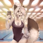  1:1 anthro bikini black_body black_fur blue_eyes breasts canid canine cellphone claws clothed clothing detailed_background female fluffy fluffy_tail fox fur hair hi_res holding_object mammal multicolored_body multicolored_fur nipple_outline partially_clothed phone smile solo swimwear tashalisets two_tone_body two_tone_fur white_body white_fur white_hair 