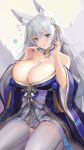  1girl absurdres animal_ear_fluff animal_ears azur_lane bare_shoulders blue_eyes breasts cleavage commentary detached_collar eyebrows_visible_through_hair fox_ears fox_tail hair_ornament hands_up highres holding huge_breasts long_hair looking_at_viewer nanam_(nanam_sk) off-shoulder_kimono pouring_onto_self raised_eyebrows seiza shinano_(azur_lane) sitting suggestive_fluid tail thighhighs thighs white_hair white_legwear wide_sleeves 