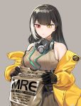  1girl absurdres bangs belt black_gloves black_hair breasts commentary_request food frown gas_mask girls_frontline gloves heterochromia highres holding holding_food jacket lanyard large_breasts long_hair looking_down mask_around_neck mod3_(girls_frontline) mre multicolored_hair rations red_eyes rivet_vvrn ro635_(girls_frontline) sidelocks skirt sleeveless_sweater solo streaked_hair sweater white_hair yellow_eyes yellow_jacket 