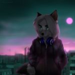  1:1 absurd_res anthro black_body black_fur blue_eyes breasts canid canine clothed clothing detailed_background female fluffy fluffy_tail fox fur hair headphones hi_res mammal solo tashalisets white_body white_fur white_hair 