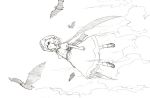  1girl back_bow bat bat_wings black_footwear bow cloud commentary_request dress flying full_body greyscale hat mob_cap monochrome puffy_short_sleeves puffy_sleeves remilia_scarlet shiratama_(hockey) shoes short_hair short_sleeves sketch socks solo touhou white_background white_legwear wings 