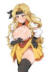  1girl absurdres alternate_costume belt black_gloves blonde_hair blush breasts brigid_(fire_emblem) brown_eyes choker cleavage commission commissioner_upload dress fire_emblem fire_emblem:_genealogy_of_the_holy_war fire_emblem_heroes gloves hand_on_hip headband highres large_breasts long_hair seihekiog smile solo solo_focus thighhighs thighs wavy_hair 