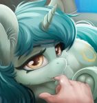  2020 absurd_res alcor90 bodily_fluids cutie_mark disembodied_hand duo equid equine female feral fingers first_person_view friendship_is_magic fur hasbro hi_res hooves horn lyra_heartstrings_(mlp) mammal my_little_pony saliva solo_focus underhoof unicorn unicorn_horn 