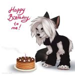  1:1 anthro black_body black_fur cake canid canine claws clothed clothing eyes_closed female fluffy fluffy_tail food fox fur hi_res mammal multicolored_body multicolored_fur open_mouth open_smile simple_background smile solo tashalisets two_tone_body two_tone_fur white_background white_body white_fur 