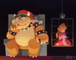  blonde_hair bowser cage dress gigi_d.g. mario_(series) pink_dress princess_peach red_hair source_request super_mario_bros. throne 