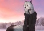  anthro black_body black_fur blue_eyes canid canine clenched_teeth clothed clothing detailed_background fangs female fluffy fluffy_tail fox fur hair headphones mammal multicolored_body multicolored_fur open_mouth open_smile smile solo tashalisets teeth two_tone_body two_tone_fur white_body white_fur white_hair 