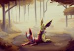  anthro clenched_teeth duo eeveelution eyes_closed female forest genitals jolteon male male/female mulebris nintendo outside penis pok&eacute;mon pok&eacute;mon_(species) pussy sex teeth tongue tongue_out tree video_games 