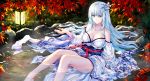  aliasing autumn blue_eyes cropped japanese_clothes leaves long_hair original shibanme_tekikumo signum water white_hair 
