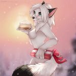  1:1 anthro black_body black_fur blue_eyes blush breasts cake canid canine detailed_background female fluffy fluffy_tail food fox fur hair hi_res holding_object mammal multicolored_body multicolored_fur nipples open_mouth open_smile smile solo tashalisets teeth tongue two_tone_body two_tone_fur white_body white_fur white_hair 