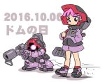  1girl bazooka_(gundam) character_name chibi commentary dated dom glowing glowing_eye gun gundam holding holding_gun holding_weapon king_of_unlucky looking_at_viewer mecha mobile_suit_gundam one-eyed personification pink_hair purple_eyes red_eyes skating sketch weapon zeon 