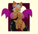  anthro big_breasts breasts chiropteran clothing curvaceous curvy_figure female genitals green_eyes green_lipstick halloween hi_res holidays lipstick makeup mammal membrane_(anatomy) membranous_wings milkdeliveryguy plump_labia pussy raining rouge_the_bat rubber rubber_suit smile smirk solo sonic_the_hedgehog_(series) torn_clothing voluptuous wide_hips wings wraps 