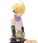  1boy aqua_nails arm_warmers backlighting bare_shoulders black_shorts blonde_hair closed_eyes commentary d_futagosaikyou from_side hand_on_own_arm headphones kagamine_len kagamine_len_(append) male_focus nail_polish open_mouth protected_link ribbed_shirt shirt short_ponytail shorts sleeveless sleeveless_shirt solo spiked_hair vocaloid_append voiceroid white_background white_shirt 