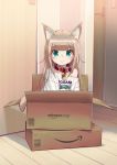  1girl 40hara amazon_(company) animal_ear_fluff animal_ears aqua_eyes bangs blush_stickers box brand_name_imitation cardboard_box cat_ears cat_girl closed_mouth clothes_writing collar commentary_request highres in_box in_container indoors kinako_(40hara) light_brown_hair long_hair looking_at_viewer original pet_collar red_collar shirt smile solo t-shirt white_shirt 
