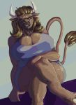  angry anthro big_breasts blue_eyes bovid bovine breasts brown_body brown_fur brown_hair cleavage clothed clothing crossed_legs european_mythology female fur greek_mythology hair hi_res hooves horn huge_breasts jewelry latchk3y looking_at_viewer low-angle_view mammal minotaur mythology necklace nihea_avarta simple_background sitting skindentation solo tail_tuft tight_clothing tuft unguligrade_legs 