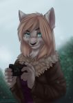  absurd_res anthro blonde_hair blue_eyes breasts camera claws clothed clothing detailed_background felid feline female fur hair hi_res holding_object mammal smile solo tashalisets white_body white_fur 