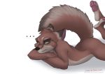  anthro brown_body brown_fur butt canid canine crossed_arms fluffy fluffy_tail fox fur lying male mammal multicolored_body multicolored_fur simple_background solo tashalisets white_background yellow_eyes 