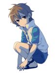  1boy amamiya_hibiya blue_shirt brown_eyes brown_hair closed_mouth commentary_request expressionless hair_between_eyes kagerou_project looking_at_viewer male_focus sandals sayshownen shirt short_hair shorts simple_background solo squatting twitter_username watermark white_background zipper_pull_tab 