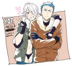  1boy 1girl angel_(kof) arm_around_shoulder blue_hair character_name chimakikamihc copyright_name fingerless_gloves gloves hair_over_one_eye heart k9999 short_hair the_king_of_fighters v white_hair 