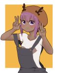  1girl :3 antlers bangs beret blush breasts brown_headwear closed_mouth collarbone dark_skin double_w eyebrows_visible_through_hair fake_antlers fate/prototype fate/prototype:_fragments_of_blue_and_silver fate_(series) hair_between_eyes hands_up hassan_of_serenity_(fate) hat highres i.u.y looking_at_viewer orange_background overalls purple_eyes purple_hair reindeer_antlers shirt short_sleeves sidelocks small_breasts solo two-tone_background v-shaped_eyebrows w white_background white_shirt 
