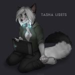  1:1 anthro black_body black_fur blue_eyes breasts canid canine claws clenched_teeth clothed clothing collar fangs female fluffy fluffy_tail fox fur hair headphones hi_res mammal multicolored_body multicolored_fur open_mouth open_smile simple_background smile solo tasha_lisets tashalisets teeth two_tone_body two_tone_fur white_body white_fur white_hair 