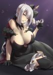  1girl bare_shoulders black_gloves black_legwear black_ribbon breasts brown_eyes bug butterfly cleavage fate_(series) gloves grey_hair hair_ribbon highres insect large_breasts looking_at_viewer marie_antoinette_(alter)_(fate/grand_order) marie_antoinette_(fate/grand_order) packge parted_lips purple_background ribbon silver_hair smile solo thighhighs 