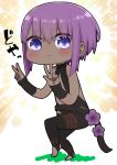  1girl :3 bangs bare_shoulders black_bodysuit blush bodysuit chibi closed_mouth dark_skin double_w eyebrows_visible_through_hair fate/prototype fate/prototype:_fragments_of_blue_and_silver fate_(series) flower full_body hair_between_eyes hassan_of_serenity_(fate) highres i.u.y looking_at_viewer no_shoes purple_eyes purple_flower purple_hair solo sparkle_background standing standing_on_one_leg stirrup_legwear toeless_legwear w 