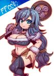  1girl black_choker blue_eyes blue_hair breasts choker cleavage cowboy_shot final_fantasy final_fantasy_crystal_chronicles fur_cuffs fur_trim hand_on_hip highres large_breasts long_hair looking_at_viewer low-tied_long_hair midriff navel racket selkie simple_background smile solo standing thighhighs tukiwani white_background 