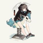  1girl aqua_shorts bangs bare_legs black_hoodie brown_hair bubble bubble_blowing character_name green_(pokemon) holding hood hood_up lillin long_hair long_sleeves looking_to_the_side pokemon pokemon_(game) pokemon_lgpe shoes shorts sitting solo spring_rider umbrella 