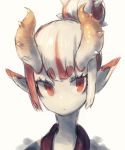  1girl closed_mouth grey_hair hair_bun highres horns iga_(okame_nin) looking_at_viewer multicolored_hair okame_nin original pointy_ears portrait red_eyes red_hair simple_background skin-covered_horns solo spiked_horns streaked_hair white_background white_skin 