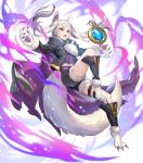  1girl alternate_costume animal_ears aura bangs claws cookie dark_aura detached_sleeves eyebrows_visible_through_hair fire_emblem fire_emblem_awakening fire_emblem_heroes floating floating_object food full_body fur_trim grima_(fire_emblem) halloween_costume highres leg_up long_hair long_sleeves official_art open_mouth outstretched_arms red_eyes robin_(fire_emblem) robin_(fire_emblem)_(female) shorts smile solo spread_arms tail teffish thigh_strap tied_hair transparent_background twintails white_hair wolf_ears wolf_tail 