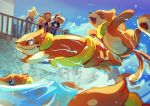  2boys 2girls :d ash_ketchum baseball_cap black_hair blonde_hair blue_jacket bonnie_(pokemon) brown_hair buizel clemont_(pokemon) cloud commentary day dedenne elizabeth_(tomas21) fence floatzel gen_1_pokemon gen_4_pokemon gen_6_pokemon glasses hat highres jacket jumpsuit multiple_boys multiple_girls on_head open_mouth outdoors pikachu pokemon pokemon_(anime) pokemon_(creature) pokemon_on_head pokemon_xy_(anime) serena_(pokemon) short_sleeves sky smile tongue watching water 