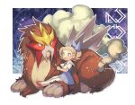  1girl blonde_hair blush commentary_request dress entei gen_2_pokemon holding kusuribe legendary_pokemon molly_hale number open_mouth pokemon pokemon_(anime) pokemon_(classic_anime) pokemon_(creature) pokemon_m03 red_footwear shoes short_sleeves sitting thighhighs tongue white_legwear 