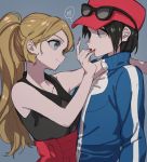  1boy 1girl arm_around_shoulder black_hair blue_eyes blue_jacket calem_(pokemon) closed_mouth commentary_request eyelashes eyewear_on_headwear grey_background hand_up hat heart itou_(very_ito) jacket light_brown_hair light_smile long_hair nail_polish pokemon pokemon_(game) pokemon_xy ponytail red_nails serena_(pokemon) sleeveless spoken_heart sunglasses 