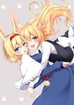  2girls :o ;d absurdres alice_margatroid animal_ears apron back_bow bangs black_dress blonde_hair blue_dress blue_eyes blush bow braid breasts bunny_ears bunny_girl bunny_tail capelet cat_ears cat_girl dress dutch_angle eyebrows_visible_through_hair fang frilled_capelet frills grey_background hairband highres hug kemonomimi_mode kirisame_marisa long_hair long_sleeves looking_at_viewer medium_breasts multiple_girls no_hat no_headwear one_eye_closed open_mouth red_hairband shiki_(s1k1xxx) short_hair side_braid simple_background smile tail touhou very_long_hair waist_apron white_apron white_bow white_capelet yellow_eyes 