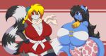  anthro bell breasts canid canine canis cleavage clothed clothing cowbell domestic_dog duo female karate looking_at_viewer male male/female mammal mastergodai pinup pose scarf smile smiling_at_viewer ursid 
