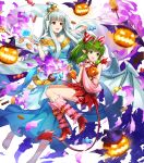  2girls amagai_tarou bangs bare_shoulders barefoot breasts candy chocolate chocolate_bar cosplay demon_tail dress eyebrows_visible_through_hair fire_emblem fire_emblem:_mystery_of_the_emblem fire_emblem:_the_blazing_blade fire_emblem_heroes floating floating_object food full_body green_eyes green_hair hair_ornament halloween_costume highres holding horns long_dress long_hair looking_away medium_breasts multiple_girls naga_(fire_emblem) naga_(fire_emblem)_(cosplay) ninian_(fire_emblem) official_art open_mouth open_toe_shoes pointy_ears ponytail red_dress red_eyes shiny shiny_hair short_dress sidelocks silver_hair sleeveless smile snowflake_print tail tied_hair tiki_(fire_emblem) toes transparent_background wings 