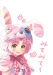  1girl :d animal_ears animal_hat bandaged_hand bangs blush bow braid brown_eyes bunny_ears bunny_hat capelet eyebrows_visible_through_hair fake_animal_ears frilled_skirt frills fur-trimmed_capelet fur_trim hair_over_shoulder hat highres long_hair looking_at_viewer mimi_(princess_connect!) open_mouth parted_bangs pink_capelet pink_hair princess_connect! princess_connect!_re:dive red_bow red_skirt simple_background skirt smile solo translation_request tsukiman twin_braids twintails upper_teeth white_background white_bow 
