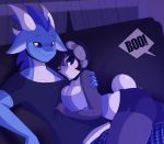 altrue anthro blue_body blue_scales clothed clothing dragon duo female hi_res horn hug indeedee lydia_(seirva) male male/female nintendo pajamas pok&eacute;mon pok&eacute;mon_(species) scales scared seirva shirt smile tank_top topwear video_games 