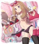  1girl :o absurdres black_legwear black_panties breasts clothes clothes_hanger collarbone commentary_request eyelashes eyewear_on_head gen_6_pokemon gen_7_pokemon grey_eyes hands_up highres holding honedge indoors light_brown_hair long_hair magearna magearna_(normal) mythical_pokemon navel open_mouth panties pokemoa pokemon pokemon_(creature) pokemon_(game) pokemon_xy serena_(pokemon) shiny shiny_skin standing sunglasses thighhighs tongue topless underwear 