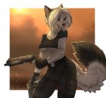  anthro black_body black_fur blue_eyes breasts canid canine clothed clothing crop_top detailed_background dual_wielding fangs female fox fur gloves gun hair handgun handwear hi_res holding_object holding_weapon mammal multicolored_body multicolored_fur nipple_outline open_mouth open_smile ranged_weapon revolver shirt smile solo tasha_lisets tashalisets topwear two_tone_body two_tone_fur under_boob weapon white_body white_fur white_hair 