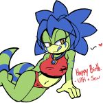  &lt;3 1:1 2020 4_fingers absurd_res anthro barefoot blonde_hair blue_body blue_hair blue_scales blue_stripes blue_tongue breasts chrome_(felino) clothed clothing crop_top english_text fan_character female fingers gecko green_body green_scales green_stripes hair half-closed_eyes happy_birthday heart_panties hi_res jewelry lizard looking_away lying midriff narrowed_eyes necklace non-mammal_breasts on_side panties red_clothing red_panties red_topwear red_underwear reptile scales scalie senshion shirt simple_background solo sonic_the_hedgehog_(series) striped_body striped_scales stripes tank_top text tongue tongue_out topwear underwear white_background 