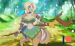  anthro bottomwear breasts cleavage clothed clothing female forest looking_at_viewer magic magic_user mastergodai skirt smile smiling_at_viewer solo staff stick tree wisps 