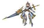  1girl armor belt black_legwear blonde_hair cross gauntlets greaves hair_between_eyes helmet highres holding holding_lance holding_polearm holding_weapon huge_weapon king&#039;s_raid lance maid polearm puffy_sleeves r1zen short_hair simple_background solo standing vambraces weapon white_background yellow_eyes 