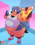  2020 anthro belly beverage_can big_belly bottomwear brand_new_animal canid canine clothed clothing digital_media_(artwork) dipstick_tail female food hair holding_food holding_object mammal michiru_kagemori multicolored_eyes multicolored_hair multicolored_tail nekocrispy obese obese_anthro obese_female overweight overweight_anthro overweight_female pizza raccoon_dog shirt short short_hair shorts signature smile solo studio_trigger tank_top tanuki text topwear two_tone_hair url 
