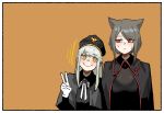  2girls animal_ears black_capelet black_cloak black_dress black_headwear bob_cut bodystocking border bright_pupils capelet cat_ears cat_girl_(gogalking) cloak closed_mouth collared_cloak dress gloves gogalking grey_hair hand_up hat head_down head_tilt highres junior_(gogalking) long_hair looking_at_another looking_at_viewer military_hat multiple_girls neck_ribbon orange_background original red_eyes ribbon short_hair simple_background smile sweat v white_border white_gloves white_neckwear white_pupils white_ribbon yellow_eyes 