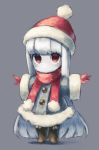 1girl bangs beanie blue_coat blunt_bangs boots brown_footwear coat eye_(okame_nin) full_body fur-trimmed_headwear grey_background hat highres long_sleeves looking_at_viewer no_mouth okame_nin original outstretched_arms red_eyes red_headwear santa_hat simple_background solo spread_arms white_hair white_skin 